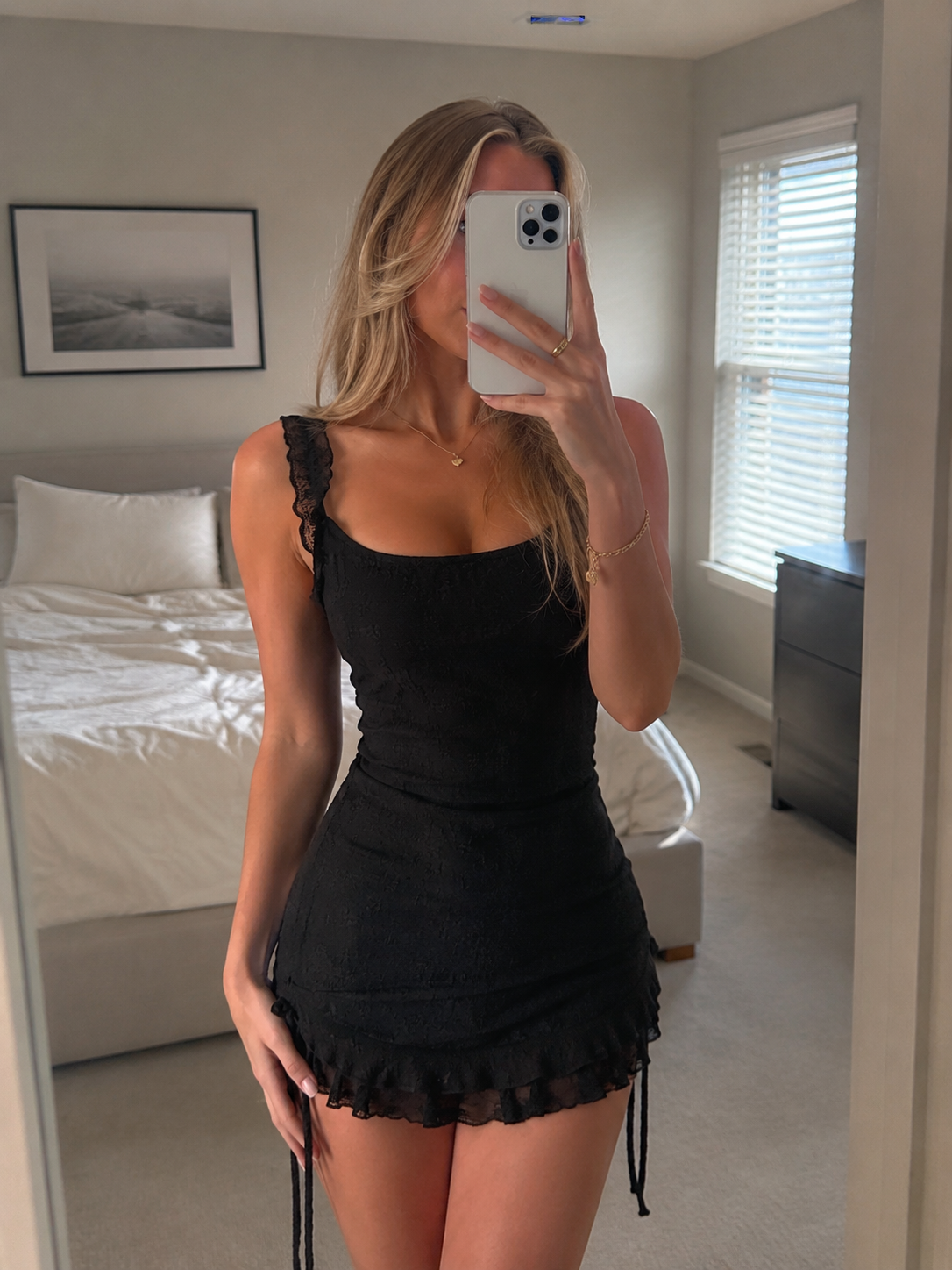 Lace Trim Ruched Mini Dress